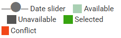 Gray circle: Date slider; Light green: available; Dark gray: unavailable;  Dark green: selected; Red: conflict.